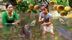 Found catch two big fish by river-Mother cooking fish spicy for lunch with daughter eating delicious