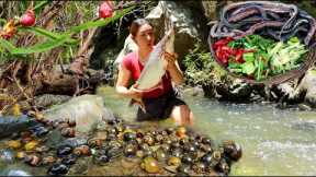 Top Adventure solo in jungle- Catch big  fish. water snake. Pick snail. for food of survival