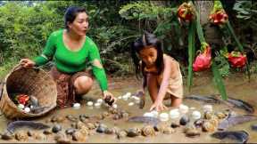Have a lot snail .fish. duck eggs. pick for food- Mother cooking  snail & egg for dinner