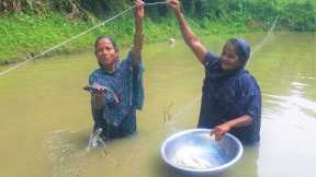 Village Wife Catching Fish By Net Fishing From Pond & Cooking Live Fish For Kids | Woman Catch Fish