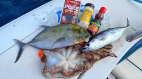 RAW SEAFOOD FEAST ON THE OCEAN - Making Octopus, Tuna and Trevally Poke!