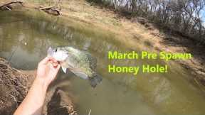 March Creek Bank Fishing Honey Hole! Creek bend loaded with Pre-Spawn Crappie/White bass!