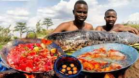 Cooking Delicious Big African Lungfish, After Catching it with Amaizing Skill Ever...