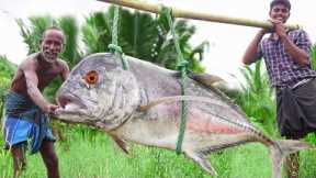40kg MONSTER TREVALLY FISH PEPER GARLIC FRY | Cutting and Cooking Huge Boneless Fish | Village
