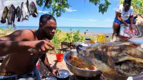 enjoying life in Jamaica on the beach catching fish cooking wild hog head and beef