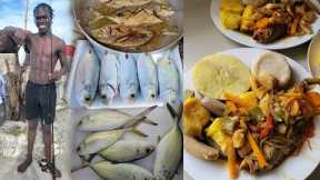 Brown Stew Fish Ñ Dumplings Yam Banana & Sweet Potato | After A Epic Morning of Drop Line Fishing