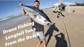 BIG TUNA caught from the beach drone fishing