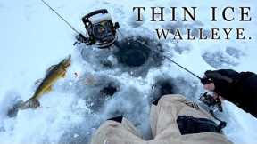 Thin Ice Gull Lake Walleye Fishing! (Catch & Cook Fish Sandwich)