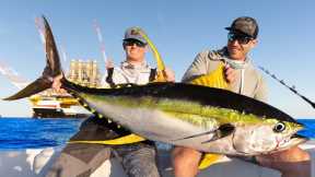 GIANT Tuna Under World's BIGGEST Oil Rig! Catch Clean Cook (Yellowfin Tuna)