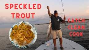 Catching Big Speckled Trout On Topwater (Catch* Clean*Cook) Fried Trout & Shrimp W/ Sauce Piquante