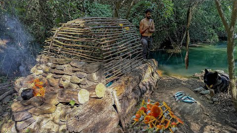 3 DAYS solo survival CAMPING. CATCH and COOK, Fishing. Big MUSHROOM. Building BUSHCRAFT SHELTER