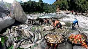 Barkhe Duwali Fishing in Mountain River Fish Catching and Cooking with Pork Meat Soup and Eating