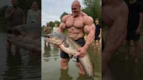 7'3 bodybuilder catches 70 pound fish with his bare hands!