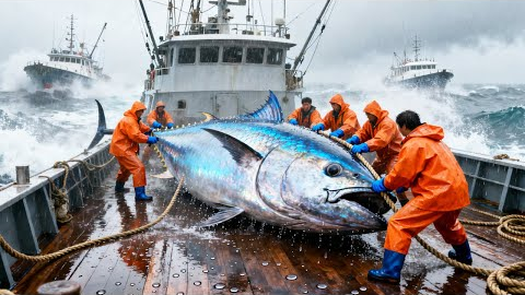 Processing Giant Tuna - How fishermen catch and process 1000kg bluefin tuna at sea - documentary