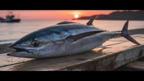 Great skills cutting fresh yellowfin tuna at Jembatan Puri fish market, Sorong city 🔥🔪🔥