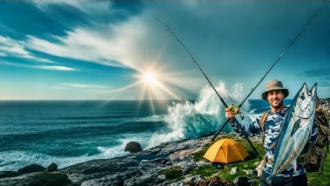 Solo Camping and Fishing in the ocean - Catch & Cook (ASMR)