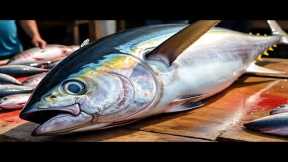 Live broadcast of fresh tuna cutting at the fish market in Sorong City, Indoneia